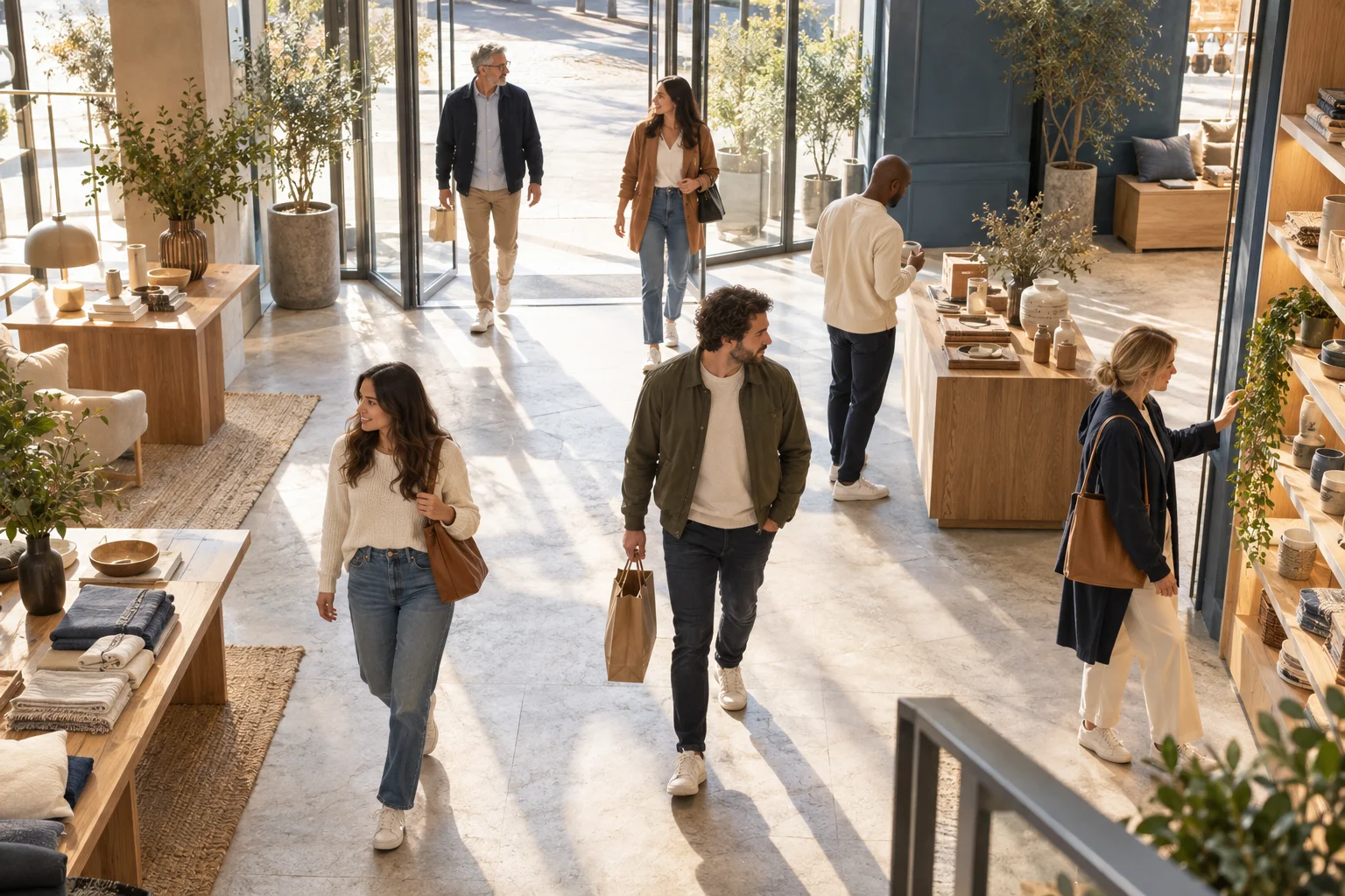 Menschen betreten einen hellen Concept Store